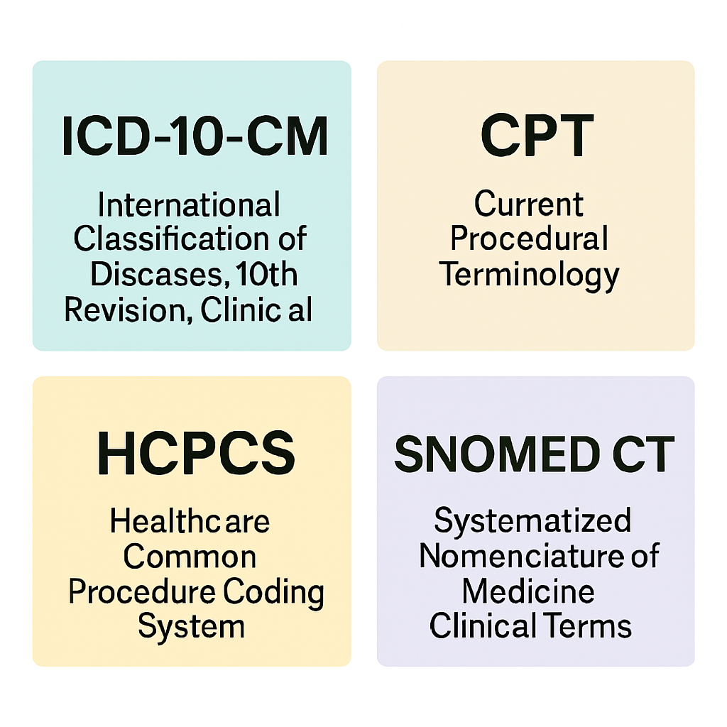 Color-coded diagram showing four major medical coding systems: ICD-10-CM, CPT, HCPCS, and SNOMED CT.