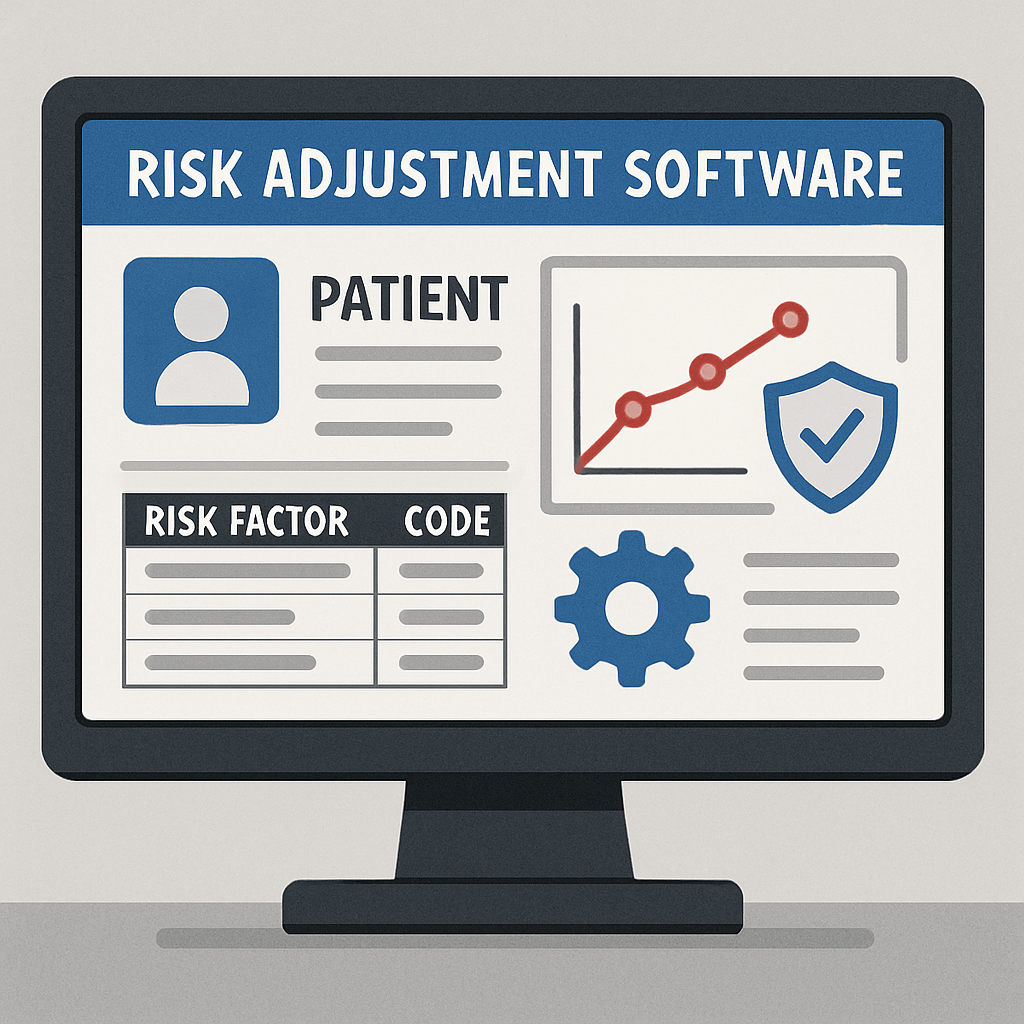 Monitor displaying risk adjustment software interface with patient info, chart, and coding table.