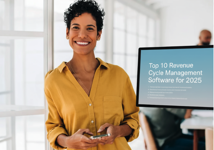 Smiling professional holding a smartphone beside a monitor displaying a presentation on top revenue cycle management software for 2025.